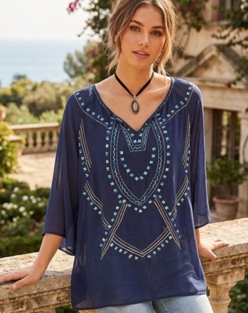 Mushka by Sienna Rose Semi Sheer Indigo Tunic with Embroidered Details
